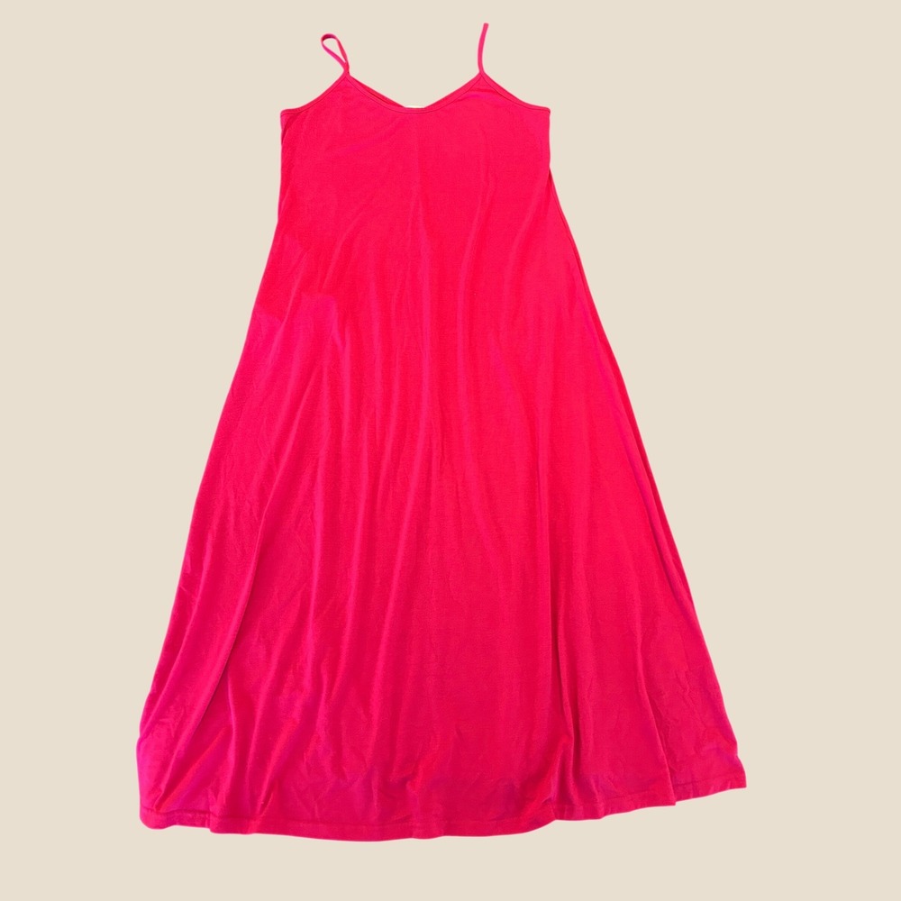 Leo Rosi Hot Pink Maxi Dress Large V-Neck Spaghetti Strap Jersey Knit ALine 1594